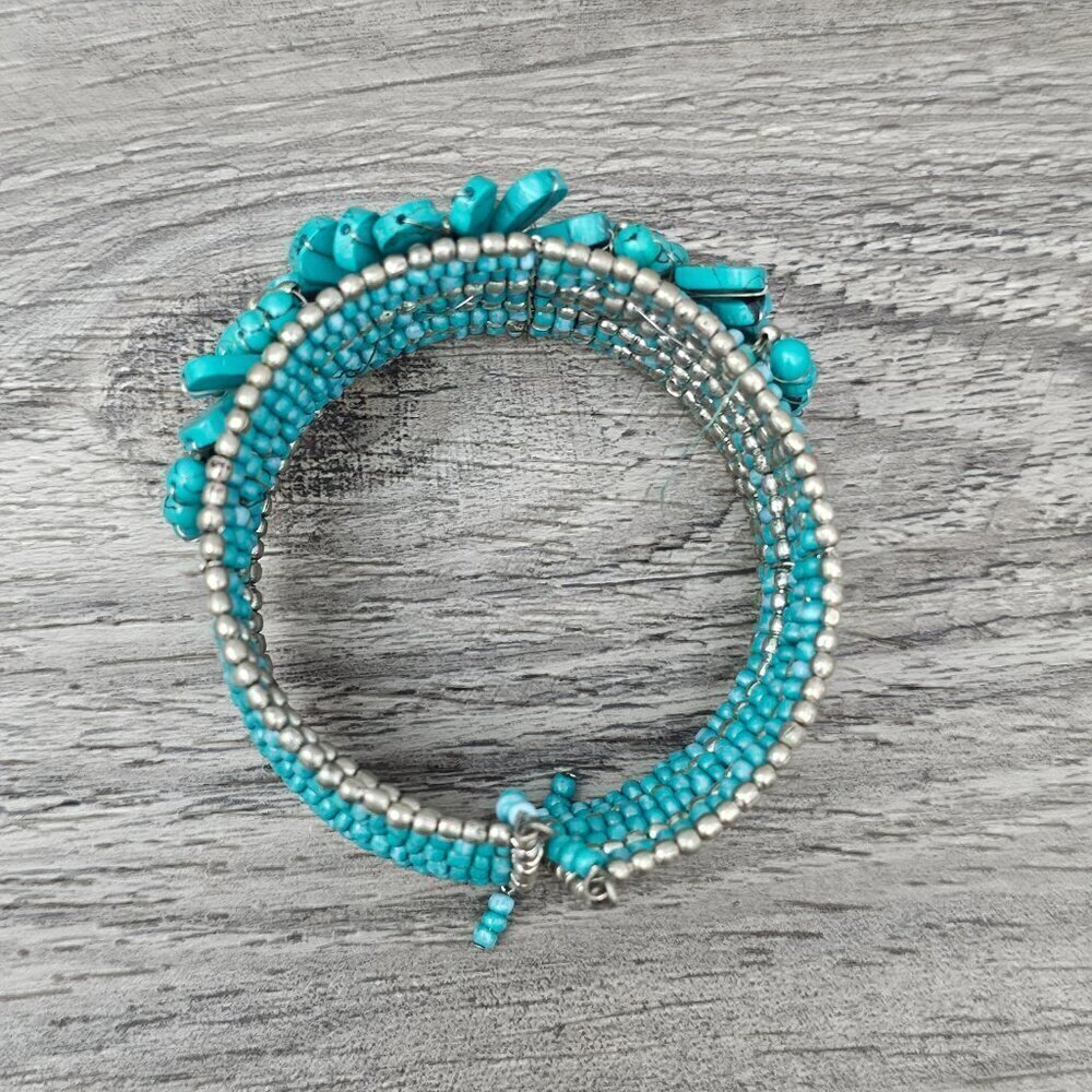❤️Western Boho Blue Faux Turquoise Blossom Flower Vintage Beaded Cuff Bracelet - Picture 7 of 8